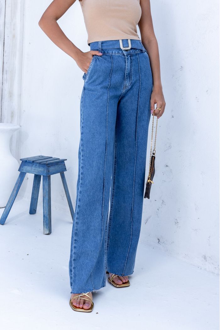 Calça Jeans Wide Leg Com Frizo e Cinto Fivela Atacado Feminina