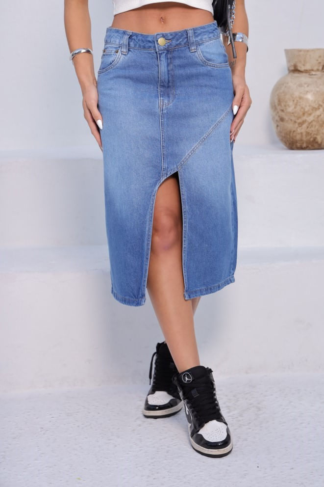 Saia jeans midi com fenda frontal atacado feminina Revanche Detva